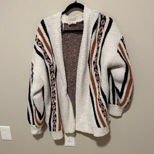 Textured Open-Front Cardigan Sweater - White, Brown & Black